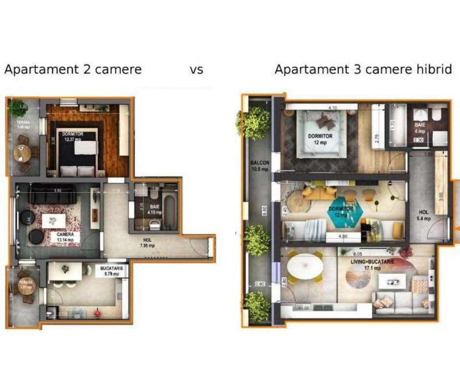 Apartament cu trei camere hibrid in Sibiu sau apartament cu doua camere in Sibiu (confort 1)?